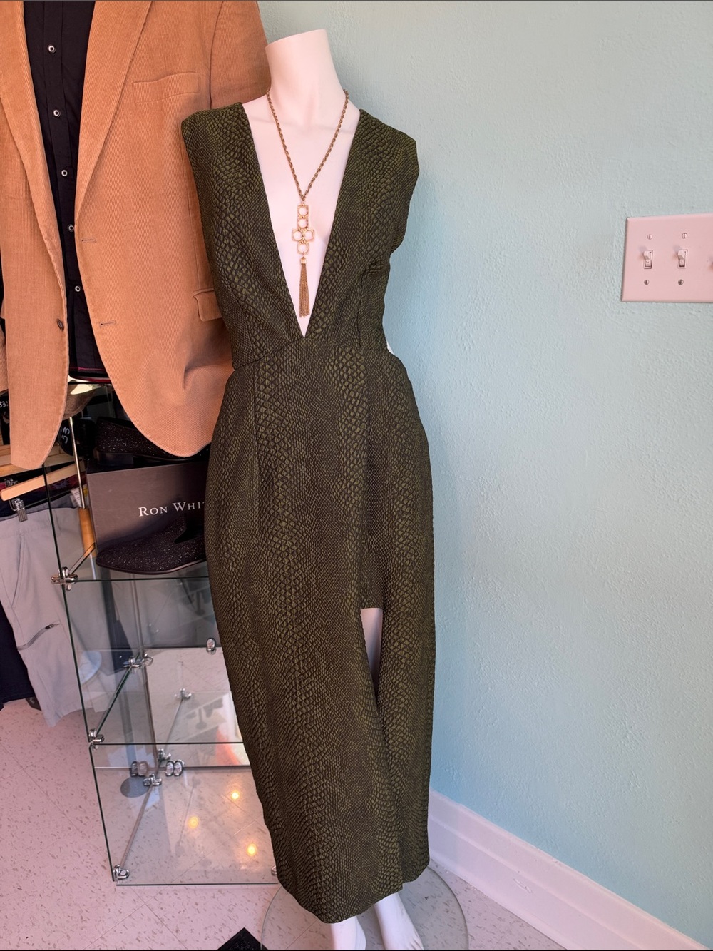 ASOS Olive Green Textured Plunge Maxi Dress